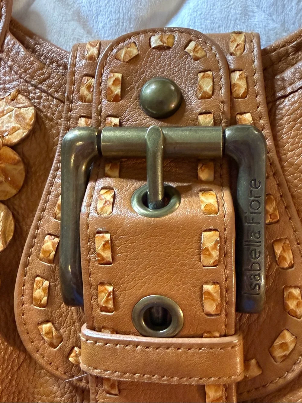 Isabella Fiore Vintage Cognac Brown Leather Whipstitch Applique Hobo Bag